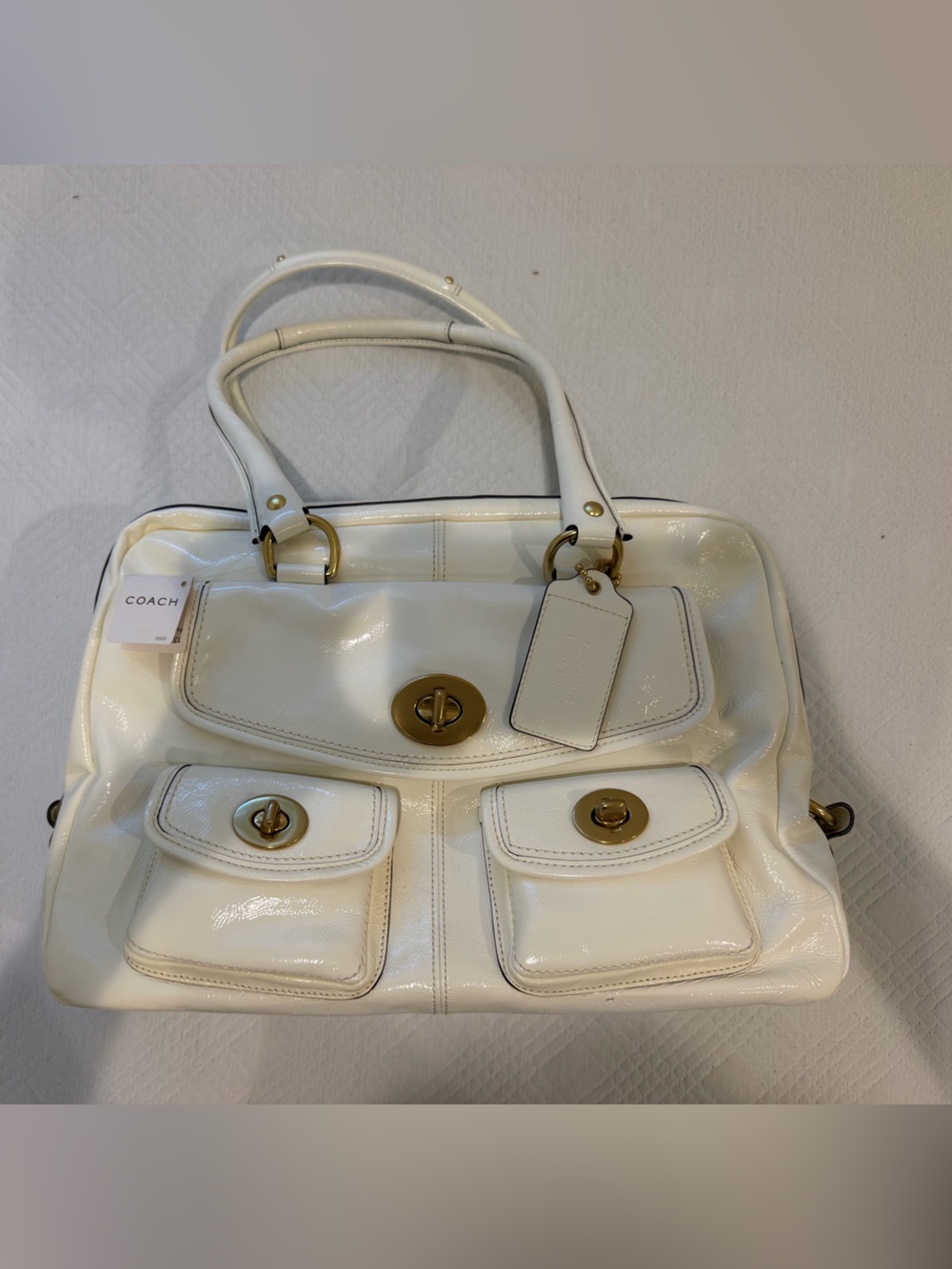 Coach White Patent Leather Shoulder Satchel with Front Turn-Lock Pockets